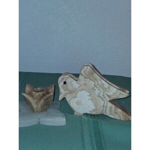 Vintage Carved Onyx Marble Bird Letter Holder and Lotus Butterfly Candle Holder